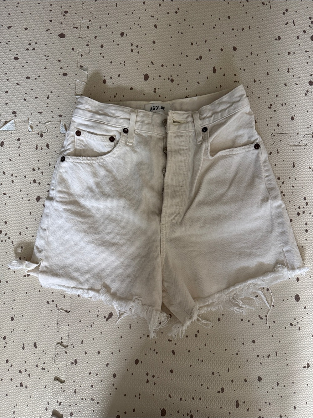 Agolde Cream High-Rise Frayed Denim Shorts